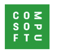 Logo COMSOFT carré vert avec grille de lettres C O M S O P F T U et texte vertical M P U C.