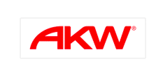 Logo AKW rouge sur rectangle blanc, avec symbole déposé.