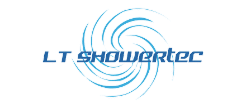 Logo bleu LT SHOWERTEC avec design de tourbillon stylise. Symbole douche, eau, technologie.
