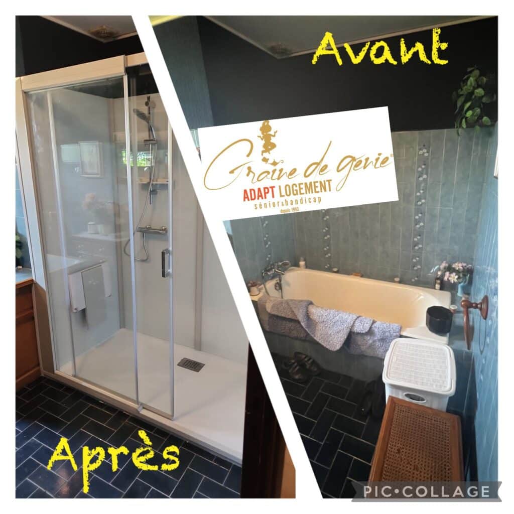 Rénovation salle de bain avant après: douche senior Comparaison avant/après rénovation salle de bain : baignoire remplacée par douche senior/handicap. Texte Avant/Après, logo Graine de genie Adapt Logement depuis 1993.
