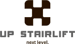 Logo UP STAIRLIFT. Symbole stylisé marron en forme de croix au-dessus du texte gris "UP STAIRLIFT" et slogan marron "next level.".