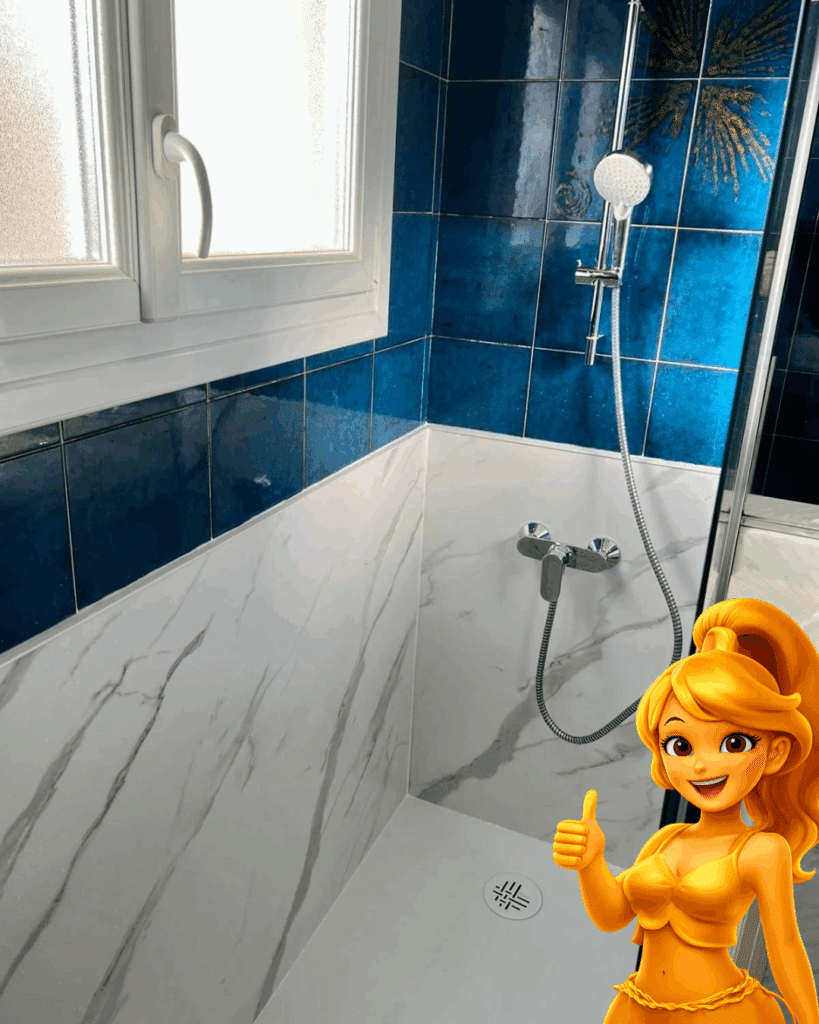 Cabine de douche rénovée. Murs bicolores : carrelage bleu vif et panneaux effet marbre. Robinetterie chromée. Mascotte dorée approuve.