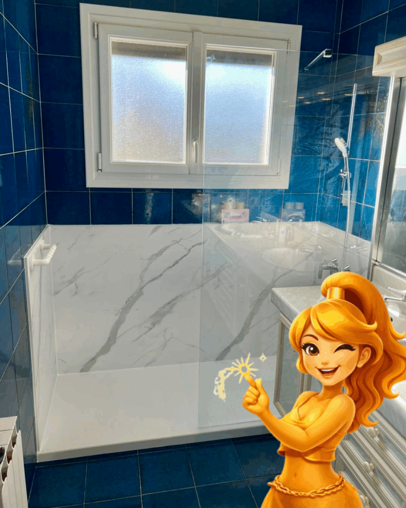 Rénovation de salle de bain : douche walk-in marbre blanc veiné, receveur bas et carrelage mural bleu intense.