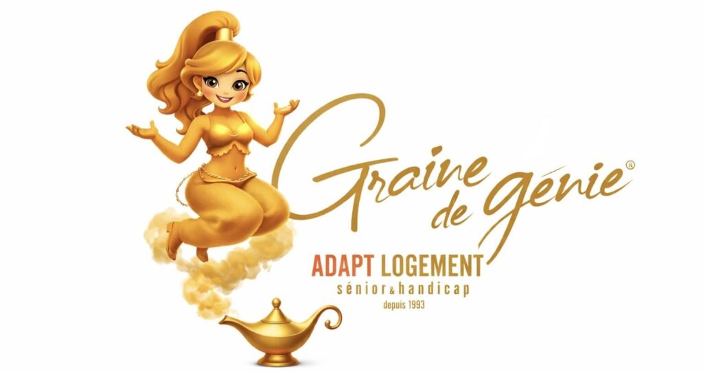 Génie dorée souriante sortant d'une lampe. Logo Graine de Génie, spécialiste ADAPT LOGEMENT sénior & handicap depuis 1993.