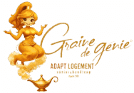 Logo Graine de génie : génie féminin doré souriant sortant d'une lampe magique. Le slogan est ADAPT LOGEMENT.