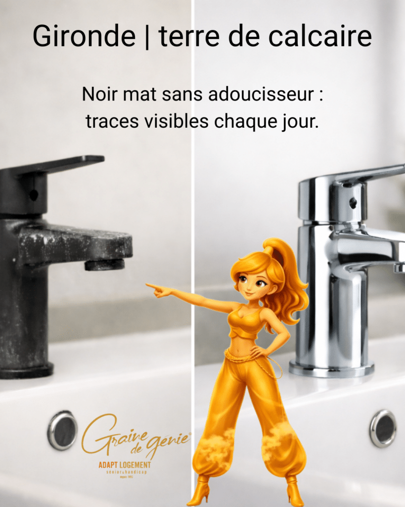 Adoucisseur d'eau Gironde : éliminez le calcaire tenace Génie pointant robinet noir entartré vs chromé. Gironde terre de calcaire. Sans adoucisseur, traces visibles. Graine de génie.