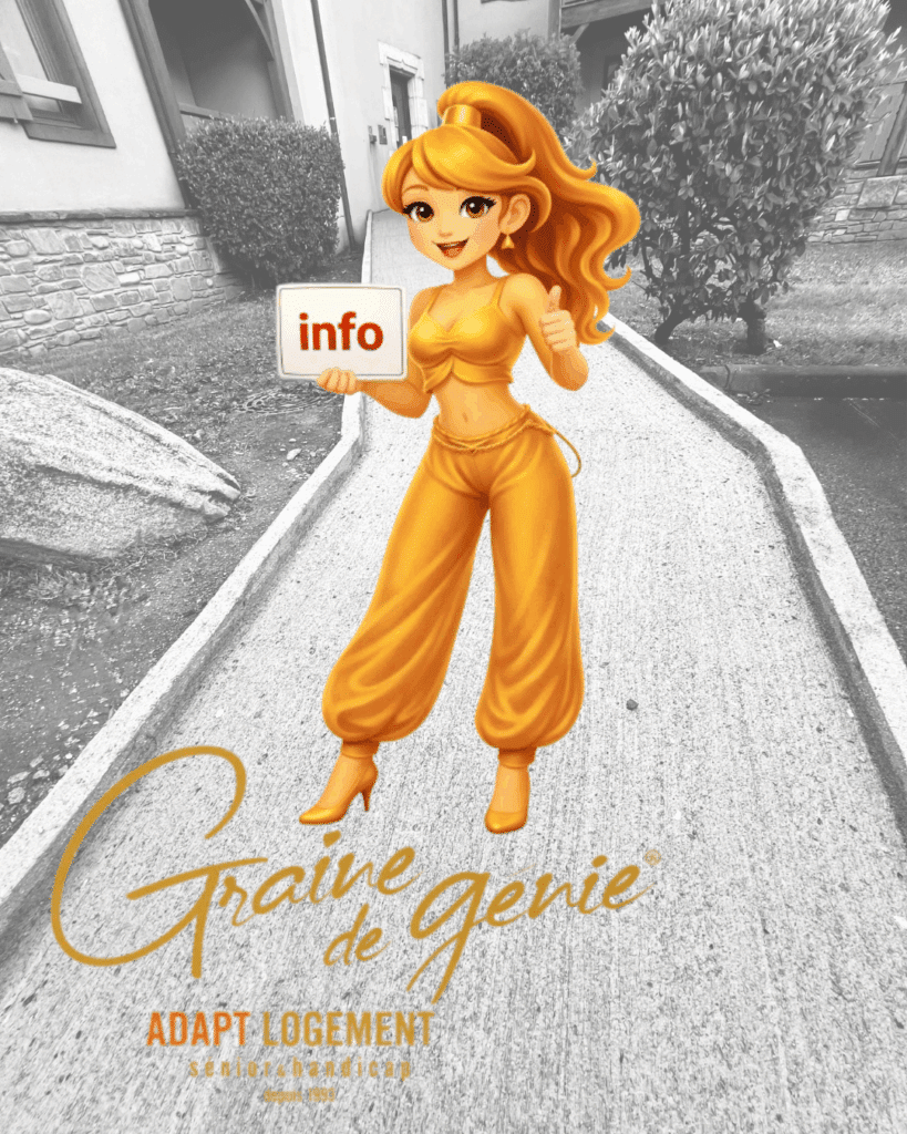 Génie dorée souriante sur une rampe d'accès. Elle tient un panneau "info" et fait un pouce levé. Logo Graine de Génie ADAPT LOGEMENT séniors handicap.