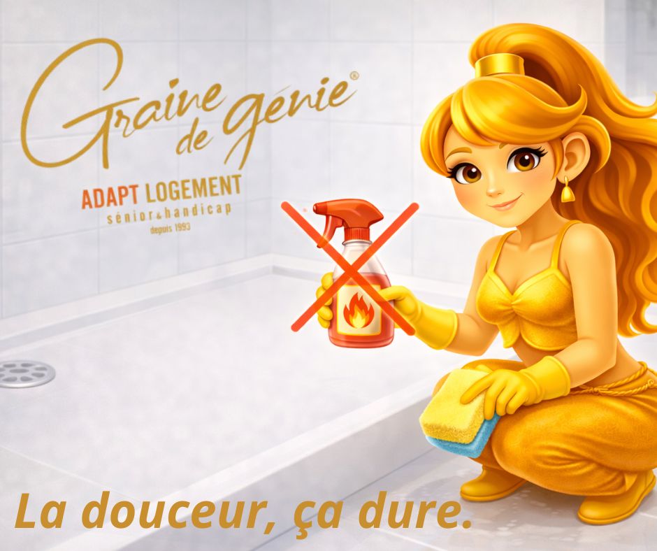 Graine de genie. Une femme nettoie un bac de douche (ADAPT LOGEMENT sénior & handicap) avec une éponge. Bouteille de produit corrosif barrée.