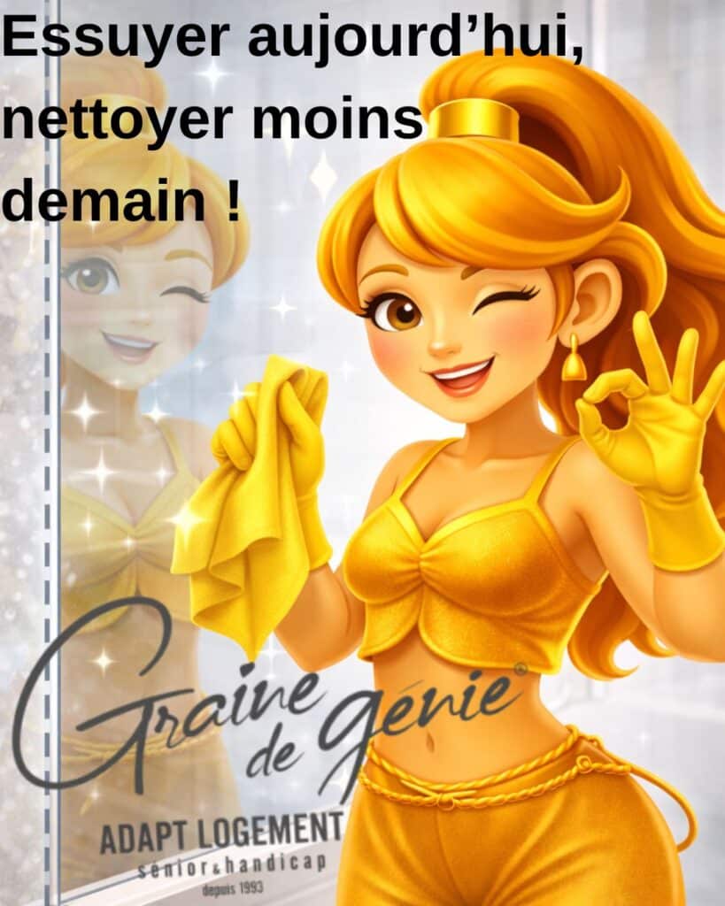 Génie du nettoyage dorée winke et fait OK. Slogan : "Essuyer aujourd'hui, nettoyer moins demain !". Graine de génie, ADAPT LOGEMENT senior & handicap.