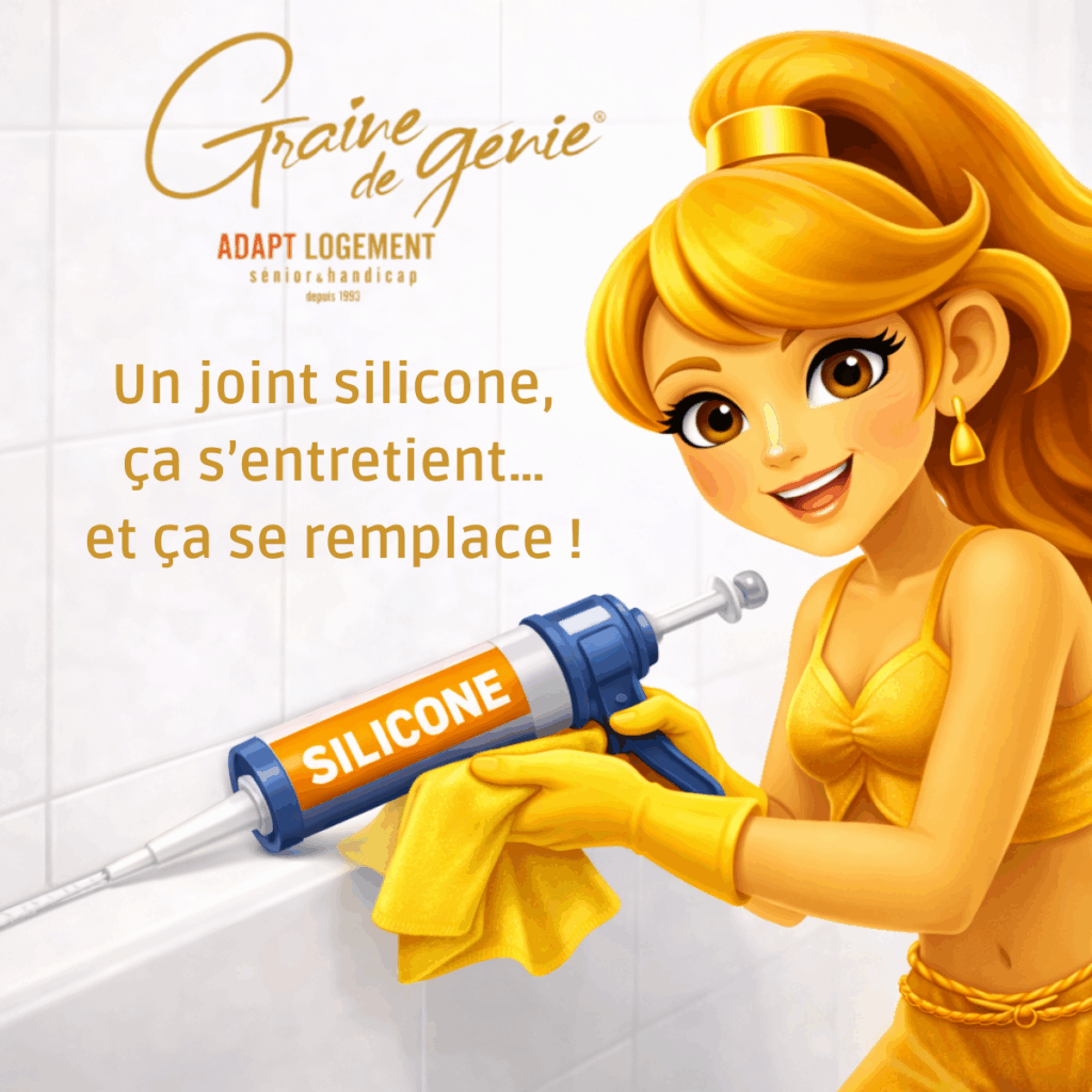 ADAPT LOGEMENT. Souriante, une femme pose un joint silicone. "Un joint silicone, ça s'entretient... et ça se remplace !"