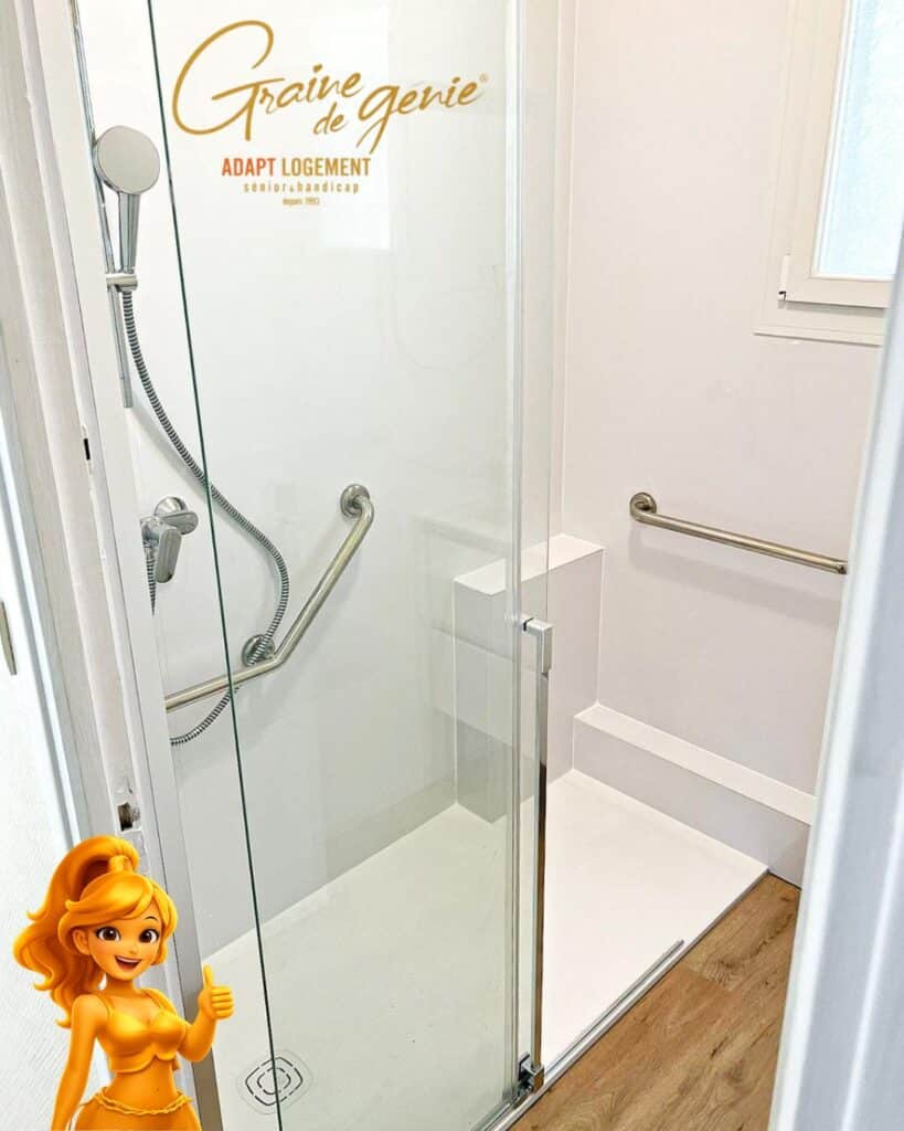 Douche PMR accessible Graine de génie avec barres de maintien pour seniors et personnes à mobilité réduite.