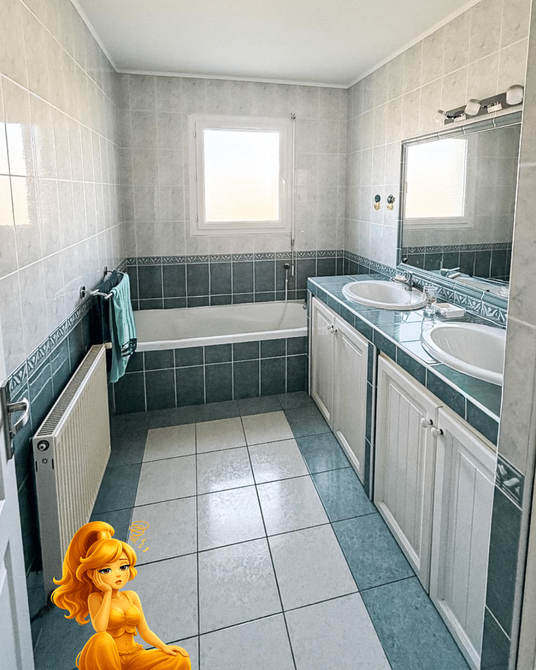 Salle de bain avant rénovation à Biganos avec baignoire, double vasque et carrelage vert