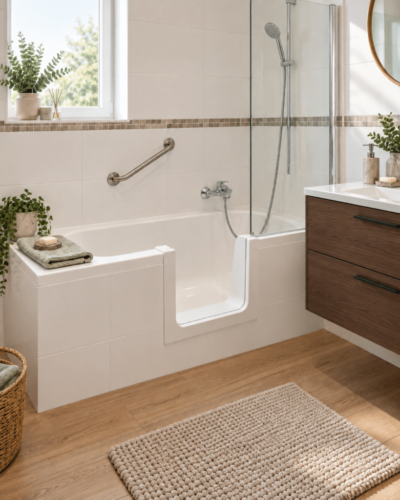 Baignoire à porte et douche sécurisée pour senior Baignoire à porte blanche et barre d'appui dans une salle de bain moderne et lumineuse.