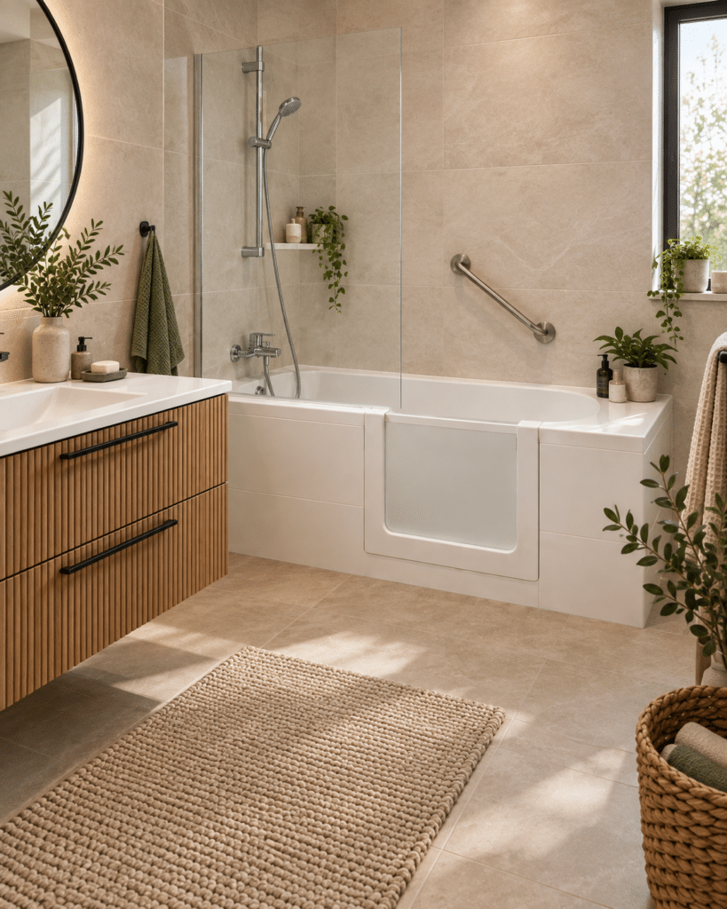 Baignoire à porte blanche, meuble en bois et plantes vertes dans une salle de bain moderne, lumineuse et accessible.