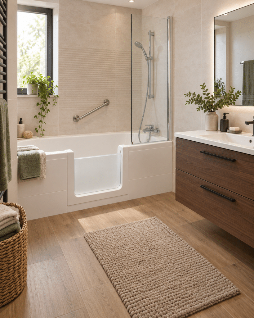 Salle de bain moderne avec baignoire à porte, douche et meuble vanité en bois chaleureux.