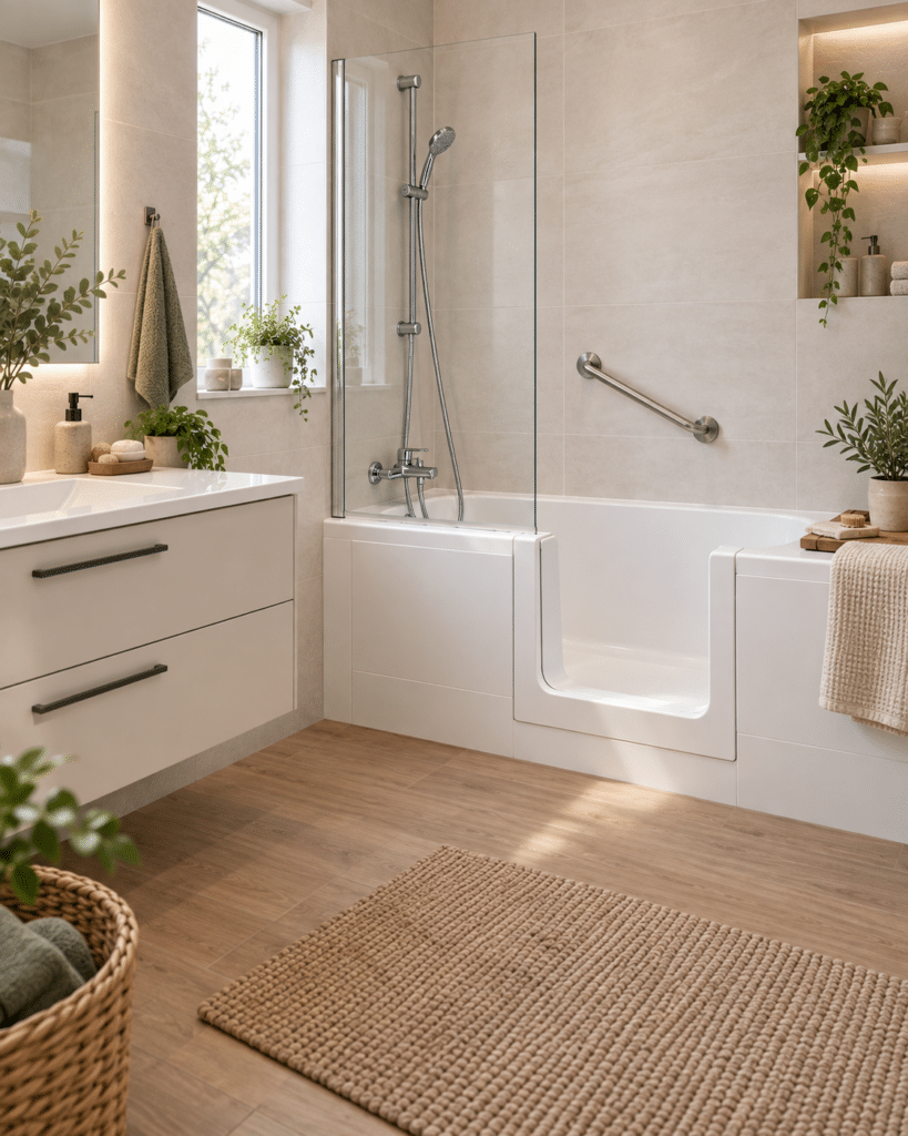 Salle de bain moderne beige avec baignoire à porte blanche, paroi vitrée, plantes vertes et tapis en corde tressée.